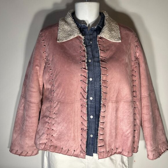Mechant SZ M Pink Faux suede jacket Sherpa Western Boho Rodeo Southwestern Rare - Picture 1 of 9